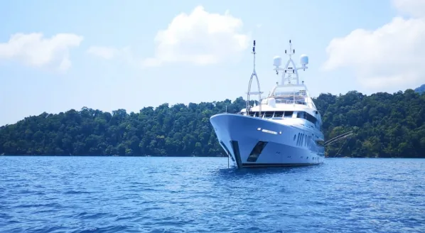 Large motor yacht lying at anchor off a densely forested shoreline